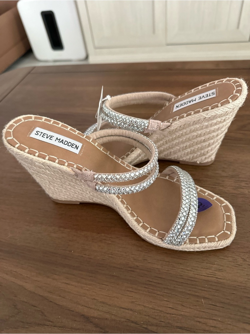 Steve Madden Tan Slide Sandals with Rhinestone Straps - Picture 3 of 5